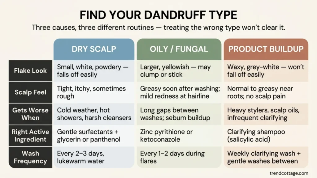 Comparison chart showing three dandruff types: dry scalp, oily fungal, and product buildup with routine differences