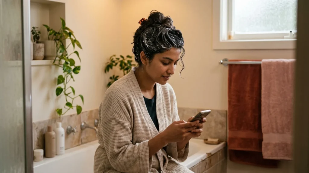 Deep conditioning hair mask left on for 30 minutes as part of a dry hair routine