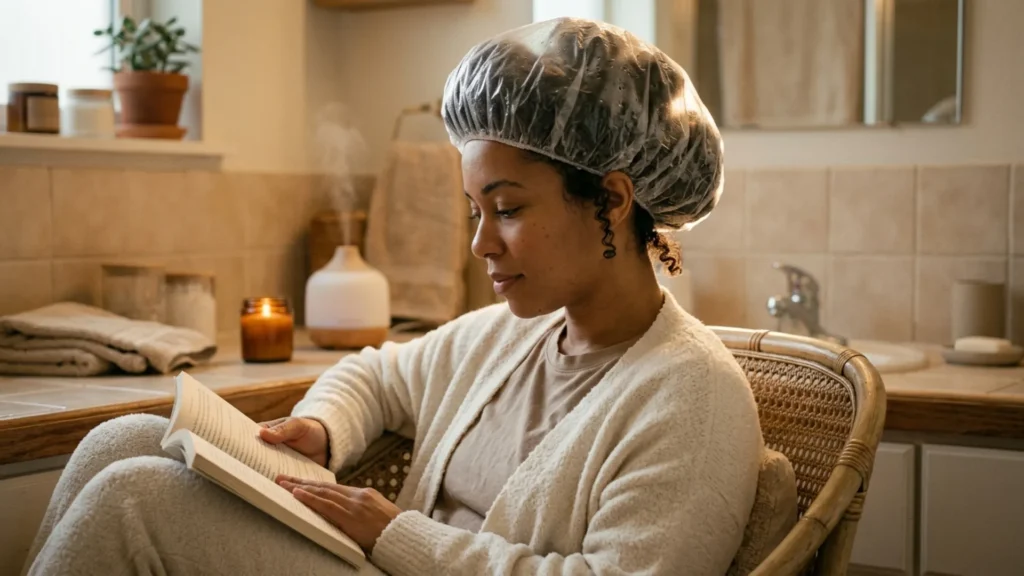 Woman relaxing with hair in a clear conditioning cap during a weekly deep conditioning treatment