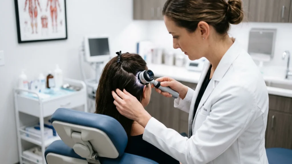 Dermatologist examining a patient's scalp during a hair loss consultation