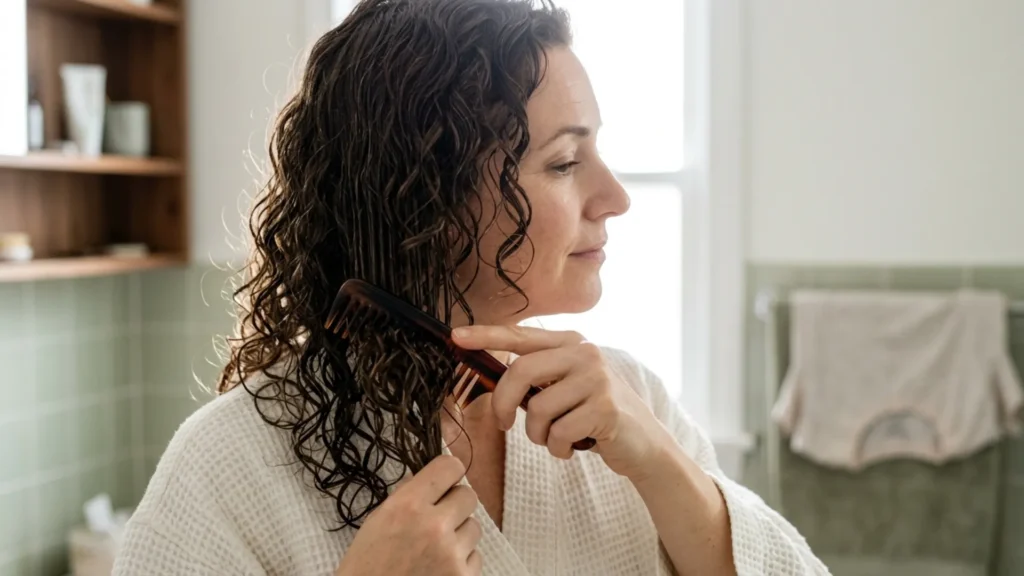Side view of damp curly hair being combed gently with a wide-tooth comb