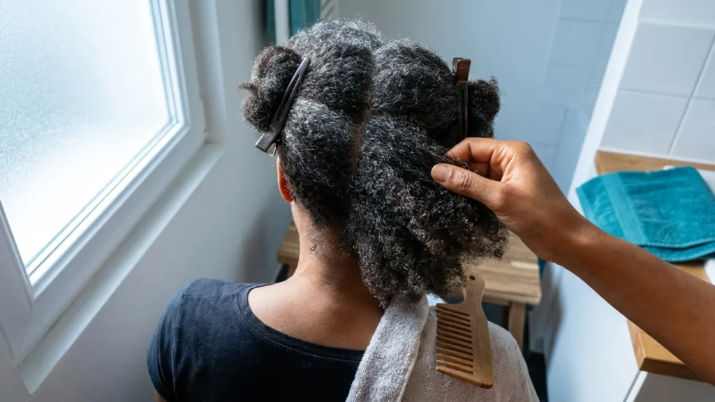 Woman finger-detangling a clipped section of coily hair over a towel