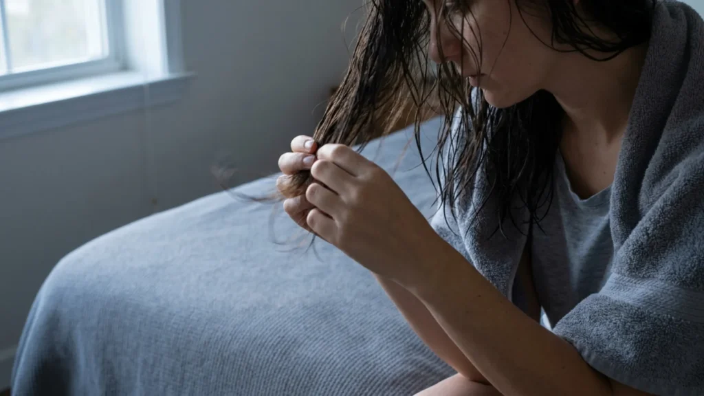 Woman finger-detangling damp hair section by section after washing