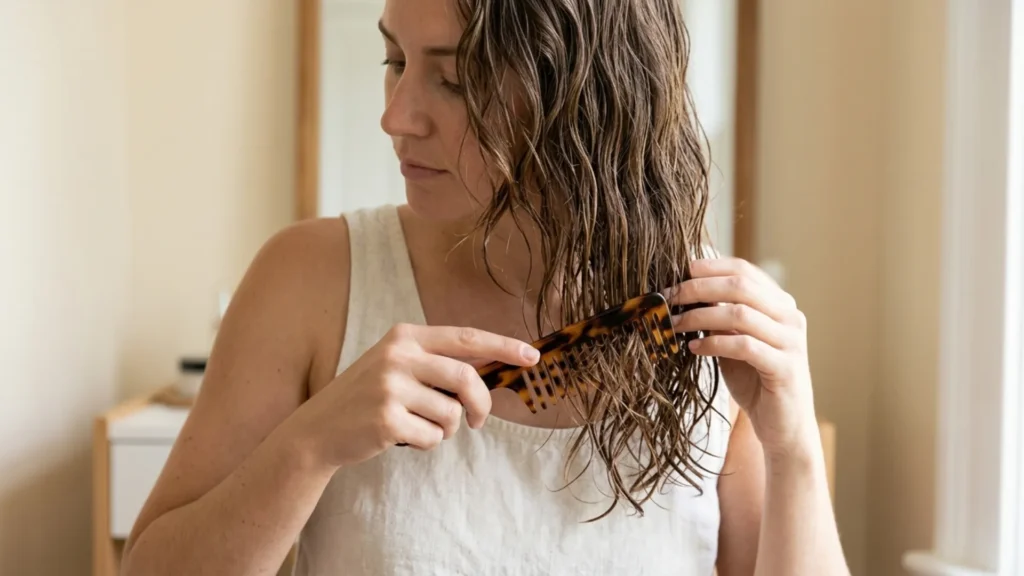 Woman detangling damp wavy brown hair with a wide-tooth comb, working from ends upward by a window