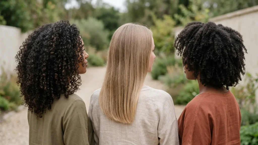 Three people with different hair textures who could each benefit from a homemade hair growth oil
