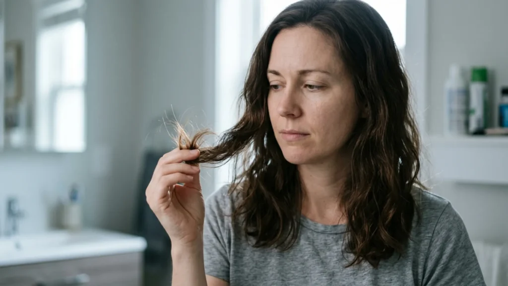 Woman examining frizzy, dry ends while troubleshooting her hair routine