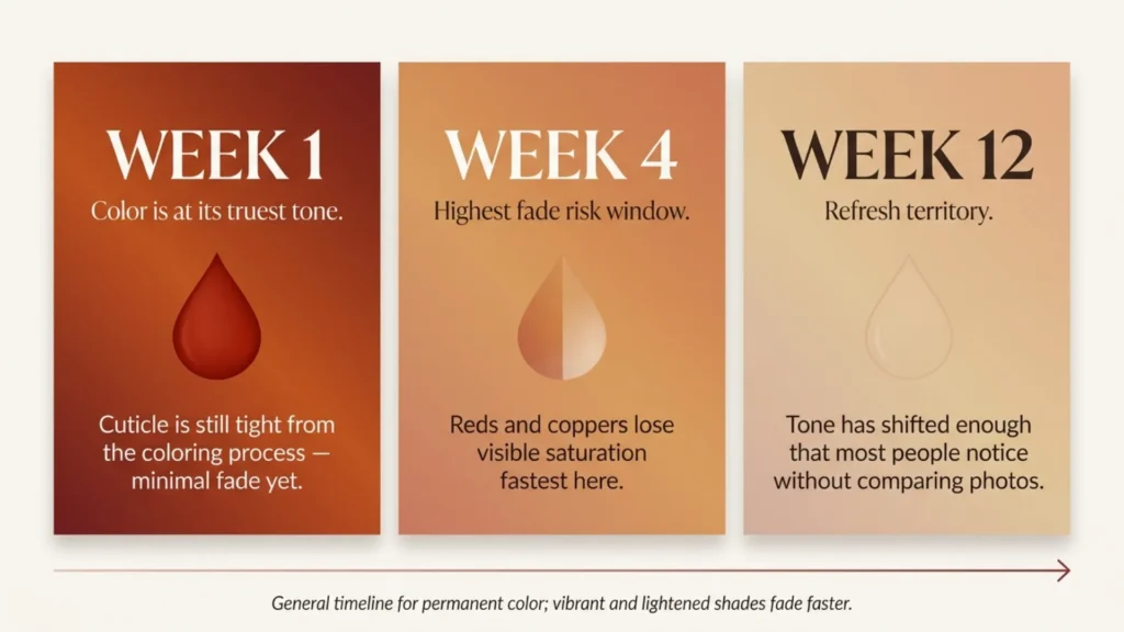 Chart showing how hair color fades across week 1, week 4, and week 12