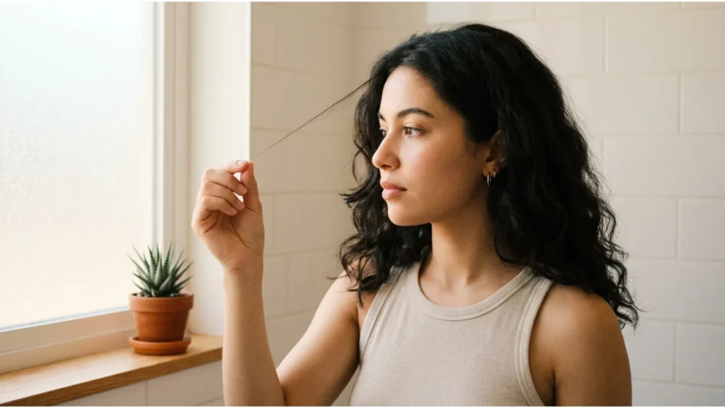 Woman holding a strand of dark hair up to window light to examine its texture in a bright bathroom