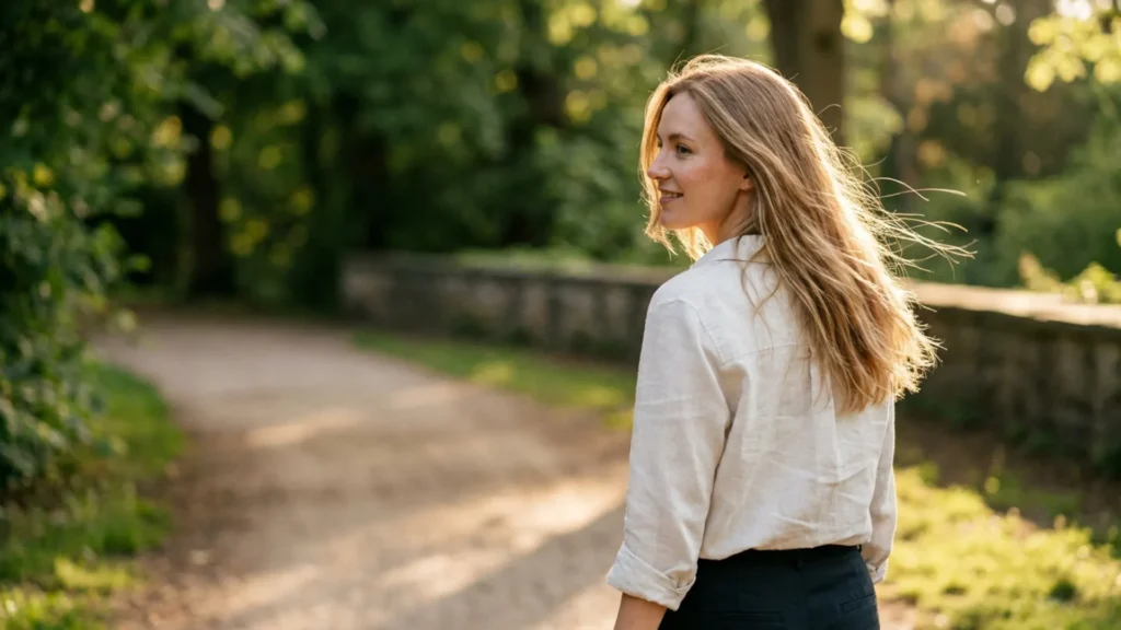 Woman with fine honey-blonde hair walking along a tree-lined path at golden hour