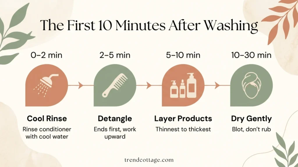 Timeline graphic showing the first 10 minutes of a hair care routine after wash
