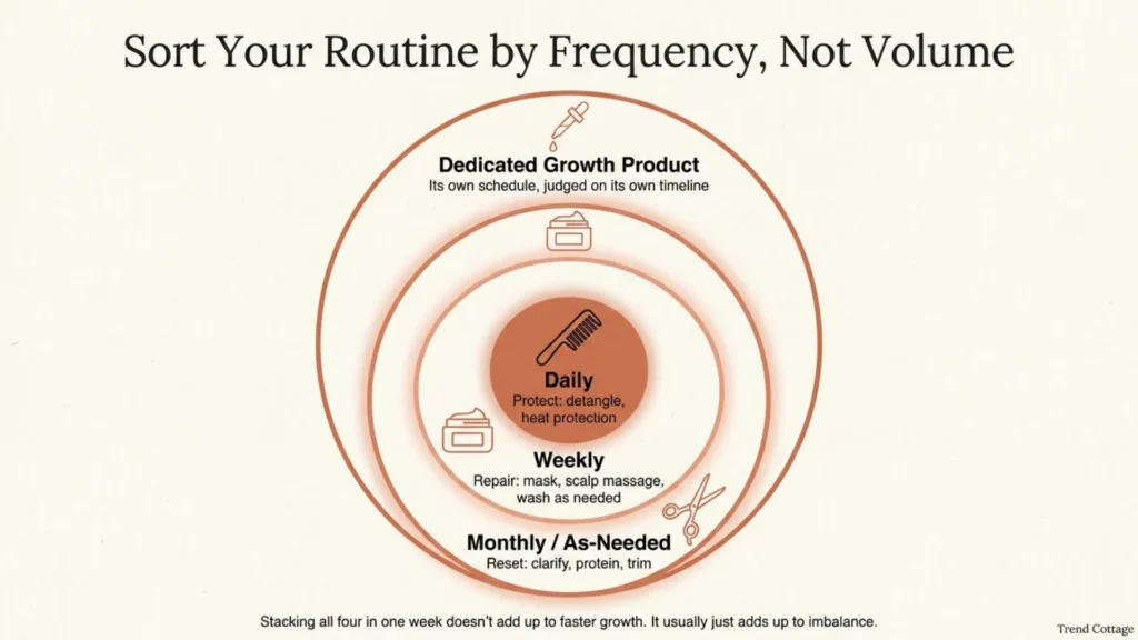 Diagram sorting a hair growth routine into daily, weekly, and monthly tiers