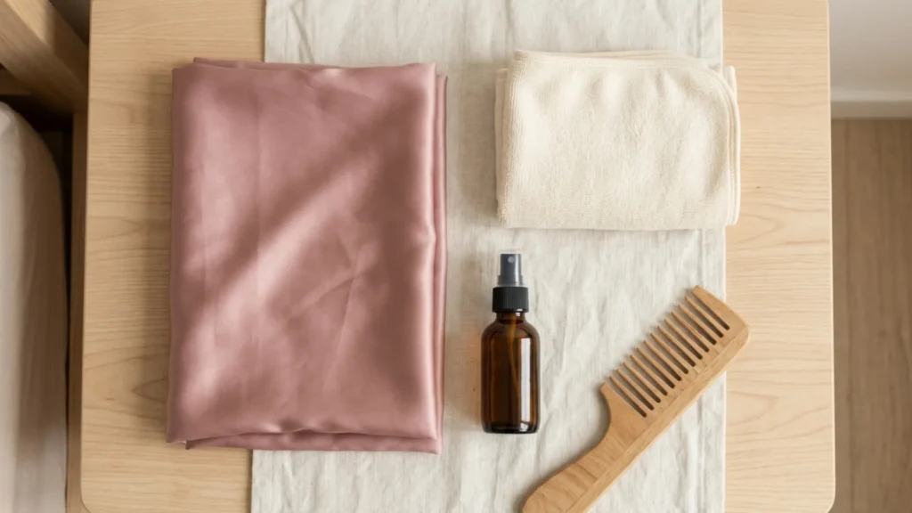 Satin pillowcase, microfibre towel and spray bottle for reducing frizz between wash days