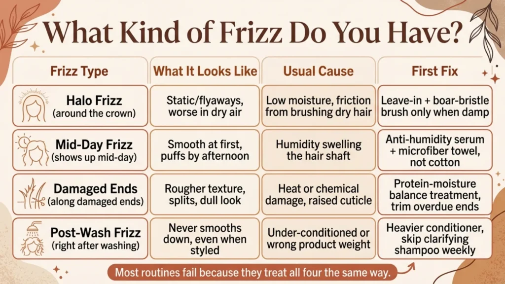 Chart showing four types of frizz, their causes, and first fixes