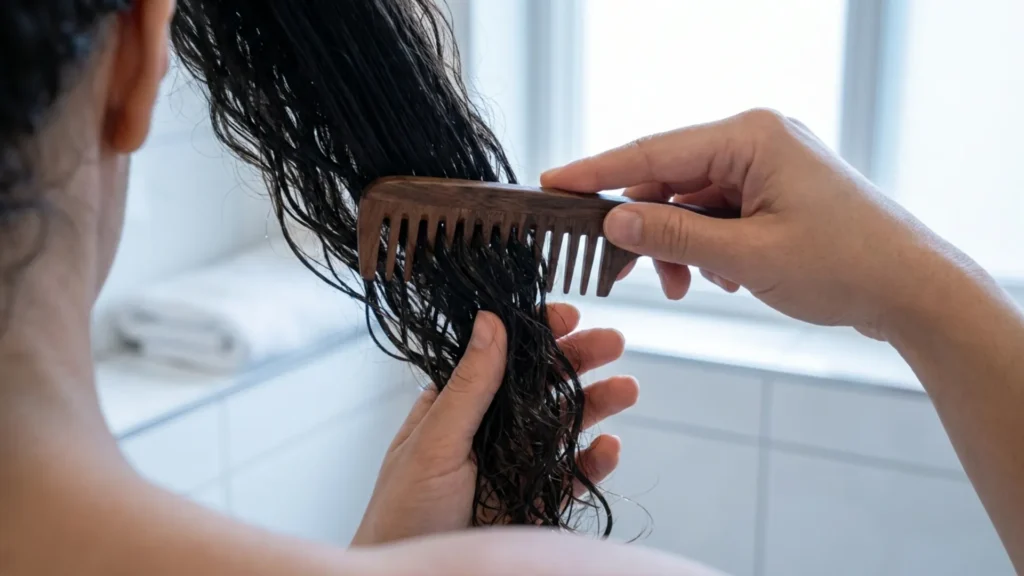 Hand gently detangling wet hair with a wide-tooth comb to prevent breakage