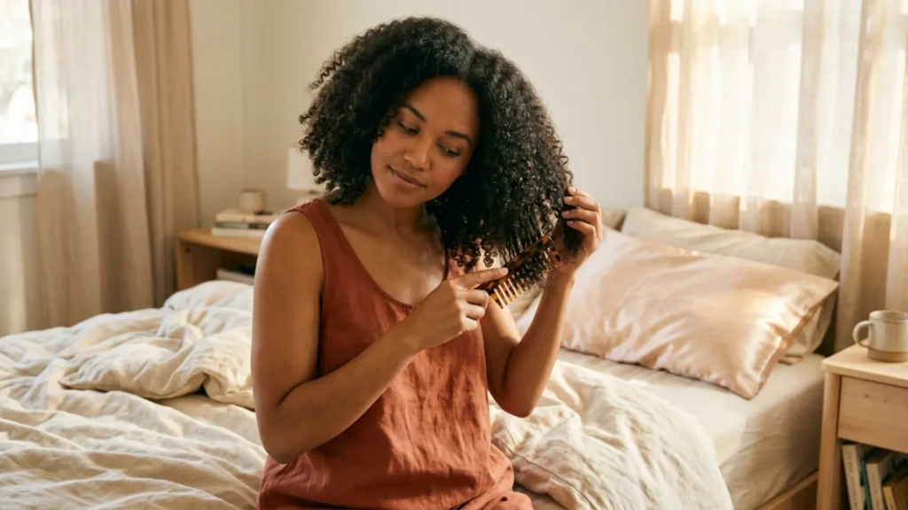 Detangling hair gently in the morning to reduce breakage