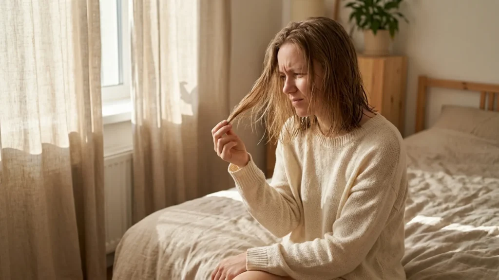 Person inspecting hair ends for breakage after washing