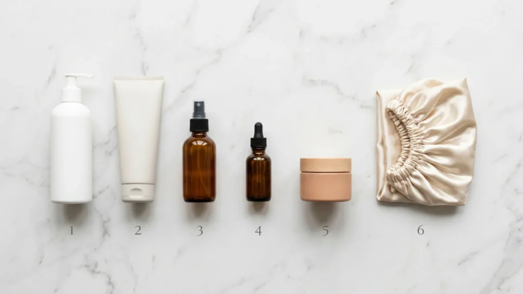 Hair care products arranged in a left-to-right numbered sequence showing the correct routine order