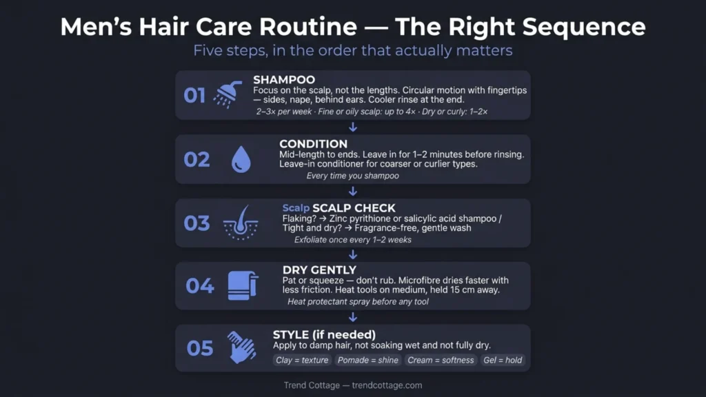 Hair care routine for men infographic showing five steps in sequence