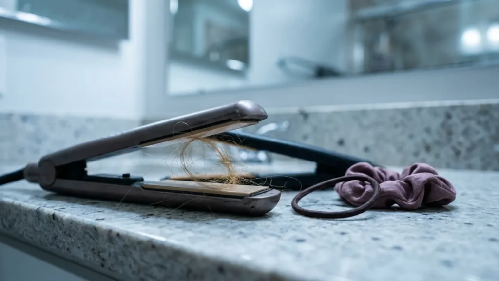 Flat iron and tight hair elastic that can cause hair damage