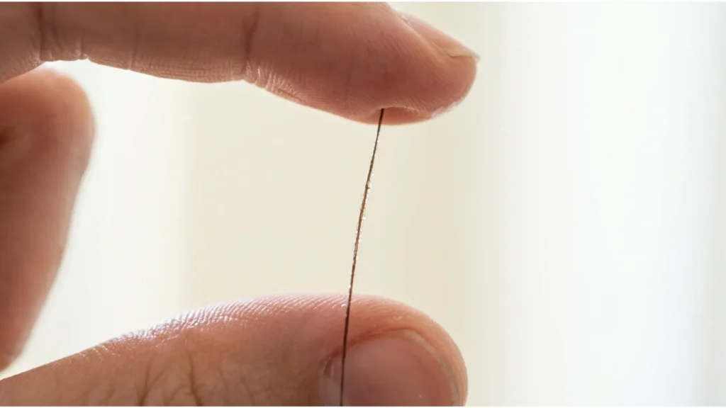 Close-up of a single wet hair strand being stretched between two fingers to test moisture and protein balance