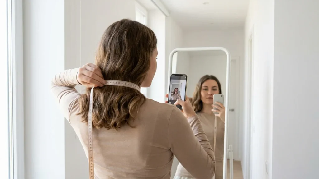 Adult woman measuring her hair length with a tape measure in front of a mirror while photographing the result