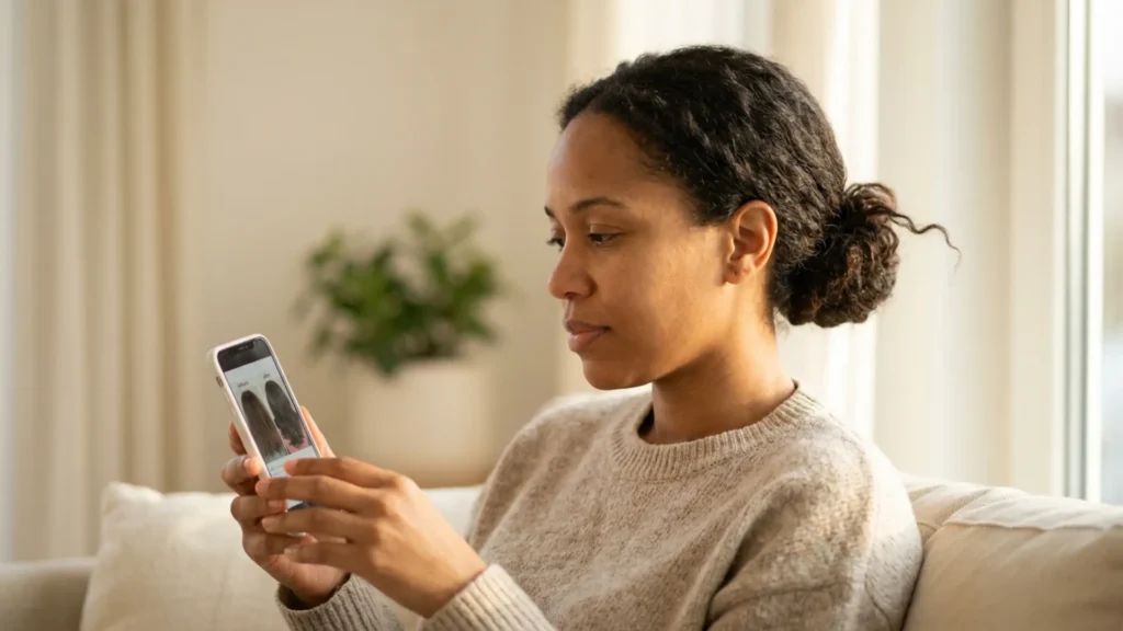 Woman studying a before-and-after hair comparison on her phone after completing a 90-day hair growth challenge