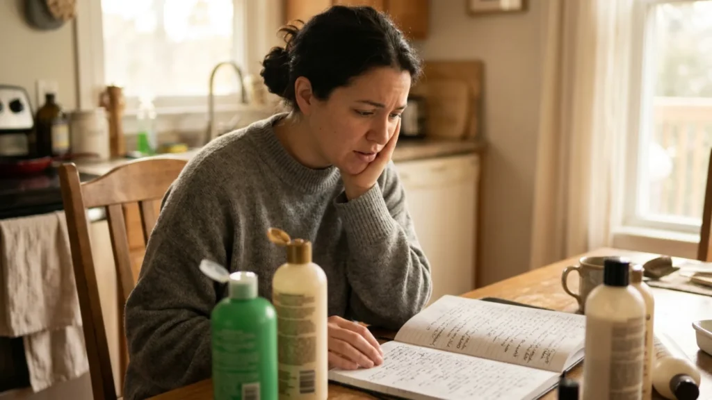Person sitting at a kitchen table surrounded by hair care products and a long written list, looking overwhelmed by too many challenge habits