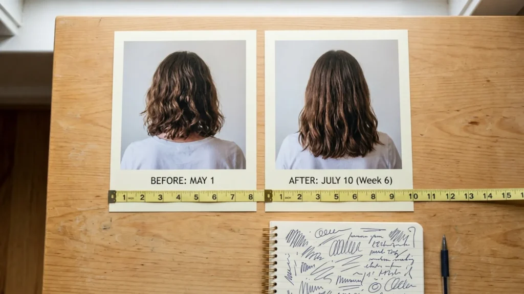 Flat-lay overhead view of two before-and-after hair length photos with a tape measure and tracking notebook