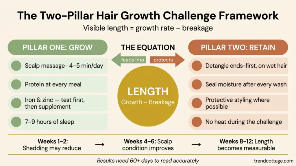 Infographic showing the two-pillar hair growth challenge framework: Pillar One (grow) and Pillar Two (retain), with the equation visible length equals growth minus breakage