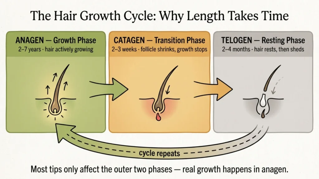 Diagram of the anagen, catagen and telogen hair growth cycle phases