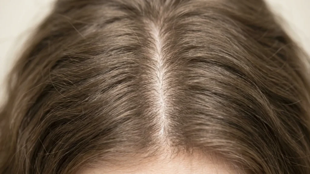 Close-up of a hair part showing natural density along the scalp