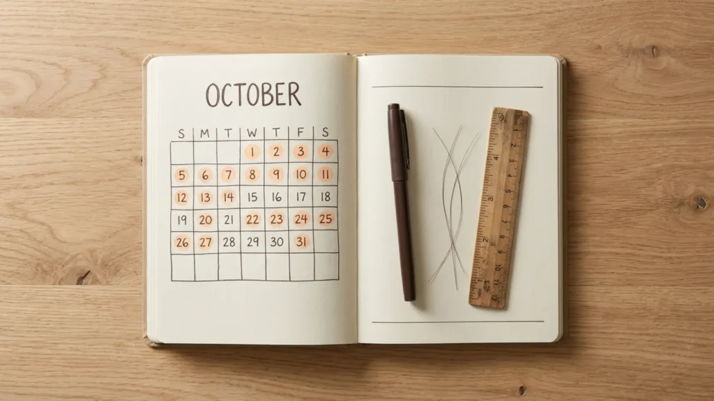 Overhead flatlay of a journal, calendar, and hair strands used for tracking