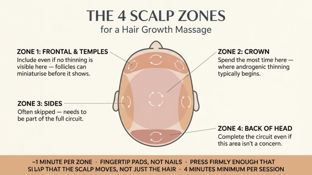 Diagram showing the four scalp zones used in a hair growth massage routine