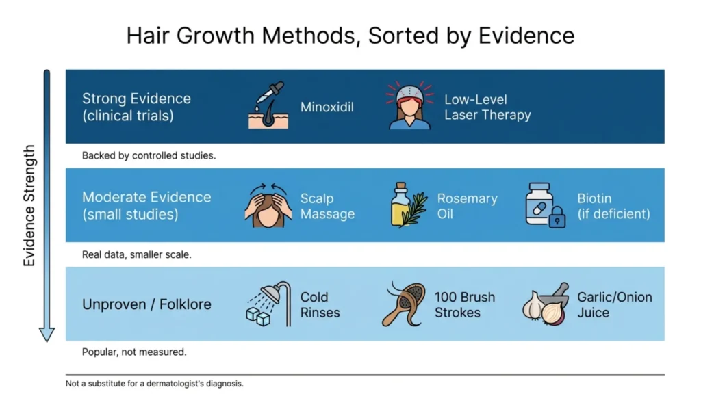Chart sorting hair growth methods into strong evidence, moderate evidence, and unproven tiers