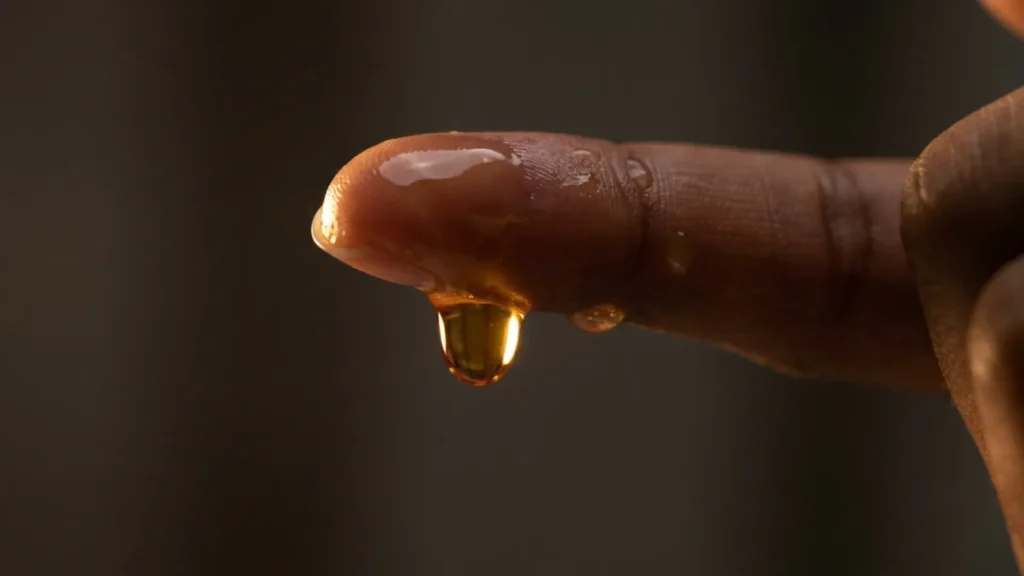 Close-up of oil on a fingertip before a scalp treatment