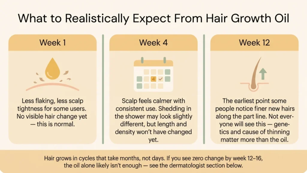 Timeline graphic showing scalp changes at week 1, 4, and 12