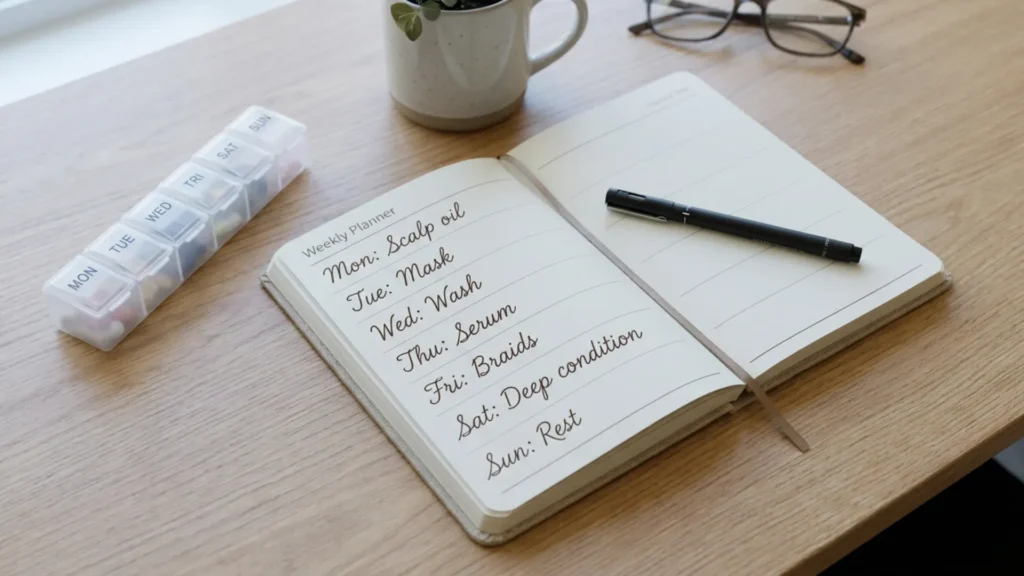 Weekly planner and pill organizer for tracking a hair growth products routine