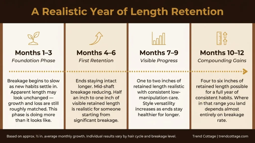Infographic showing a realistic 12-month hair retention timeline for natural hair across four phases