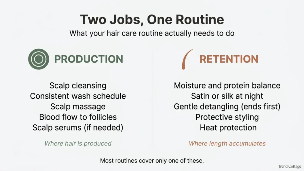 Two-column infographic showing the production and retention sides of a hair care routine for hair growth