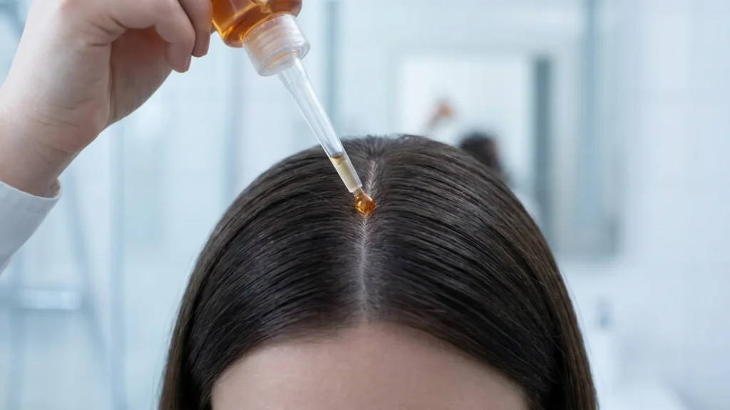 Applicator nozzle applying serum directly to a center part