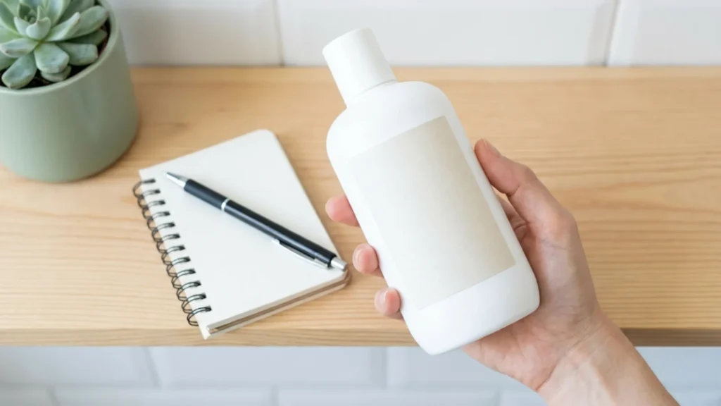 Hand reading a shampoo ingredients label