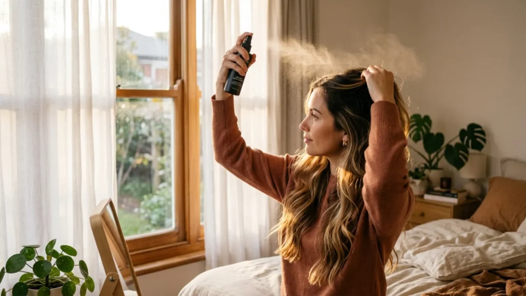 Woman with highlighted hair applying spray near her roots by a sunlit window