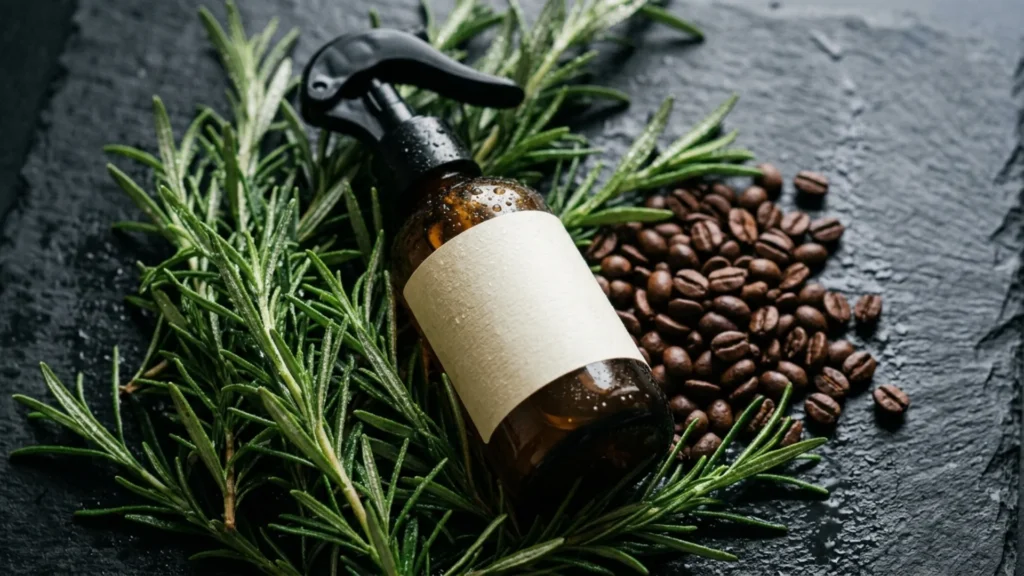 Rosemary sprigs and coffee beans next to a spray bottle representing common hair growth spray ingredients