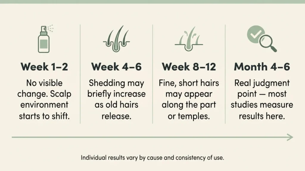 Timeline graphic showing what to expect week by week when using a hair growth spray