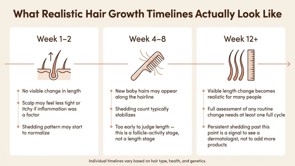 Infographic showing realistic hair growth timeline at week 1, week 4, and week 12