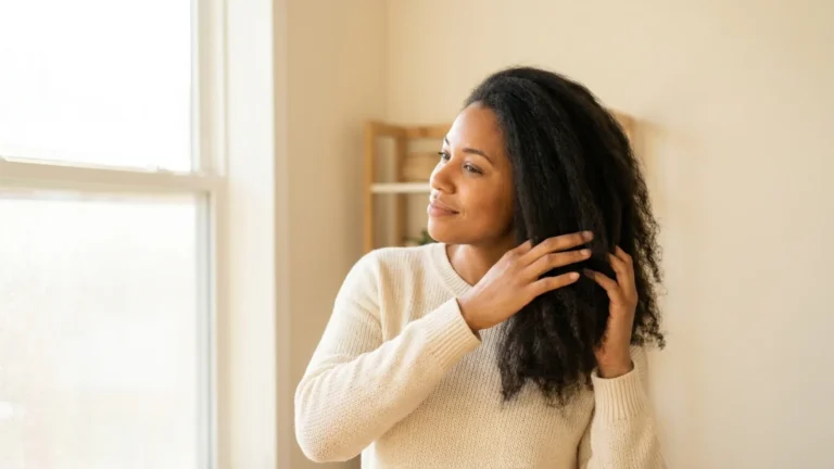 Woman practicing hair growth tips — running fingers through long healthy hair by a bright window