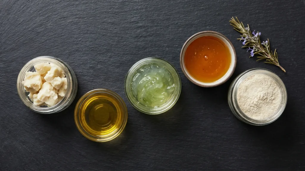 Glass jars of hair mask ingredients including shea butter and oils