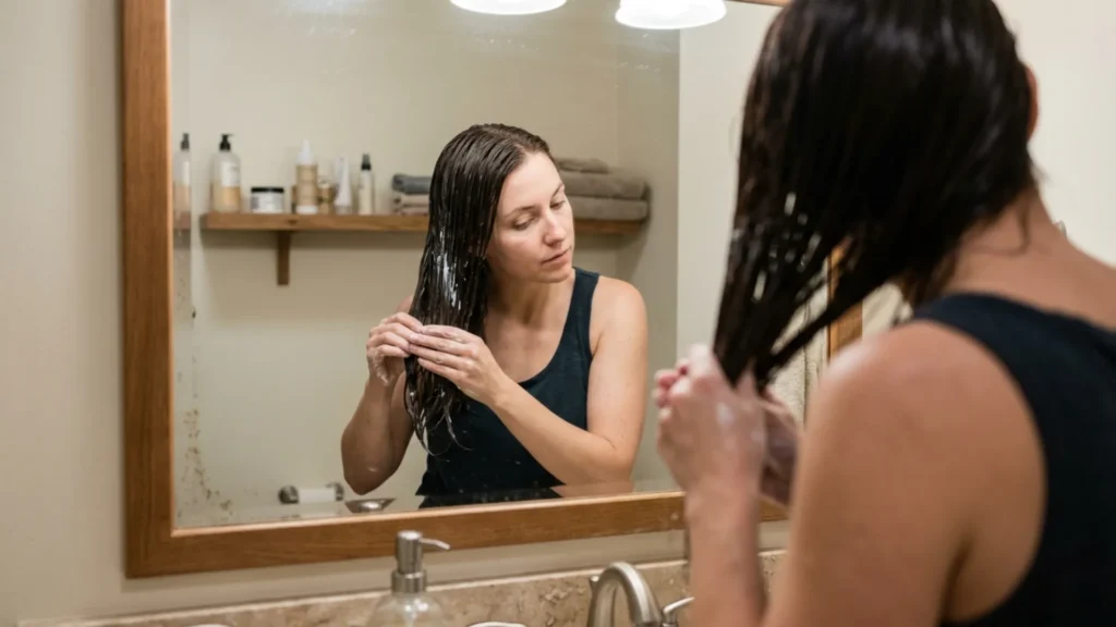 Woman applying a deep conditioning hair mask to color-treated hair at home