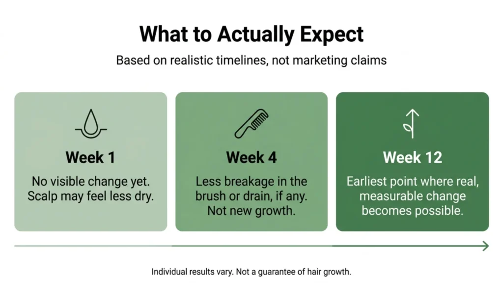 Timeline graphic showing what to expect at week 1, 4, and 12 of oiling