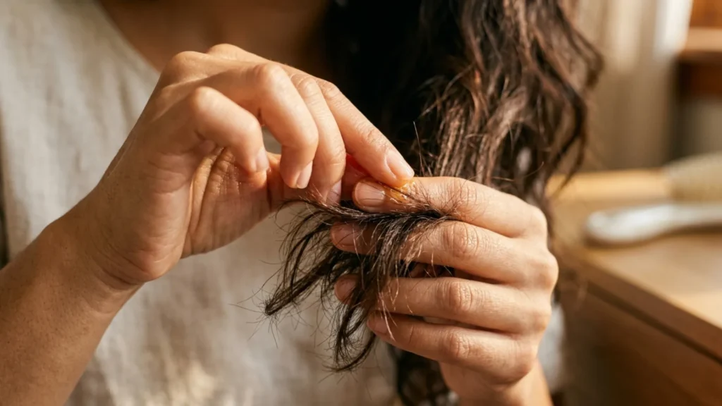 woman applying small amount of hair oil to dry ends on a non-wash day
